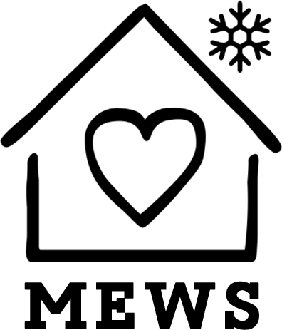 a line drawing of a house with a heart inside it and a snowflake outside, below it is the acronym MEWS